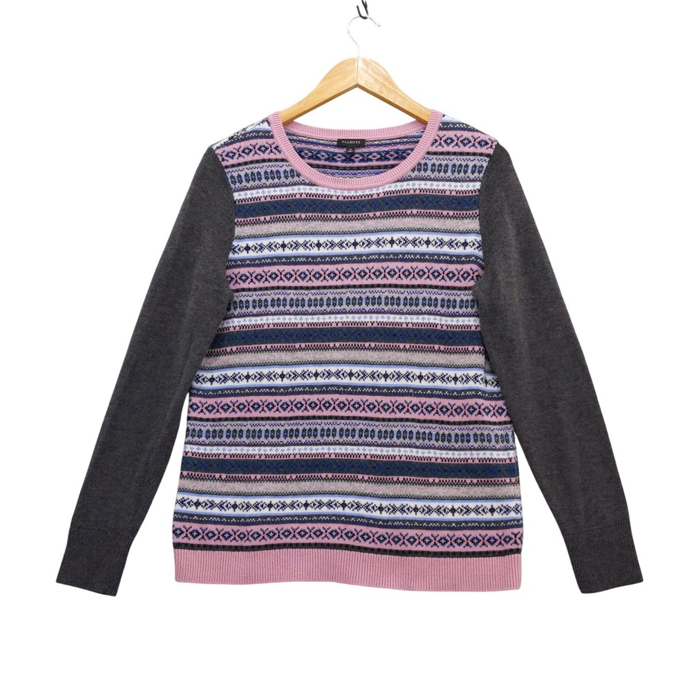Talbots Lambswool Blend Fair Isle Sweater Womens M Pink Blue Gray Crew Neck